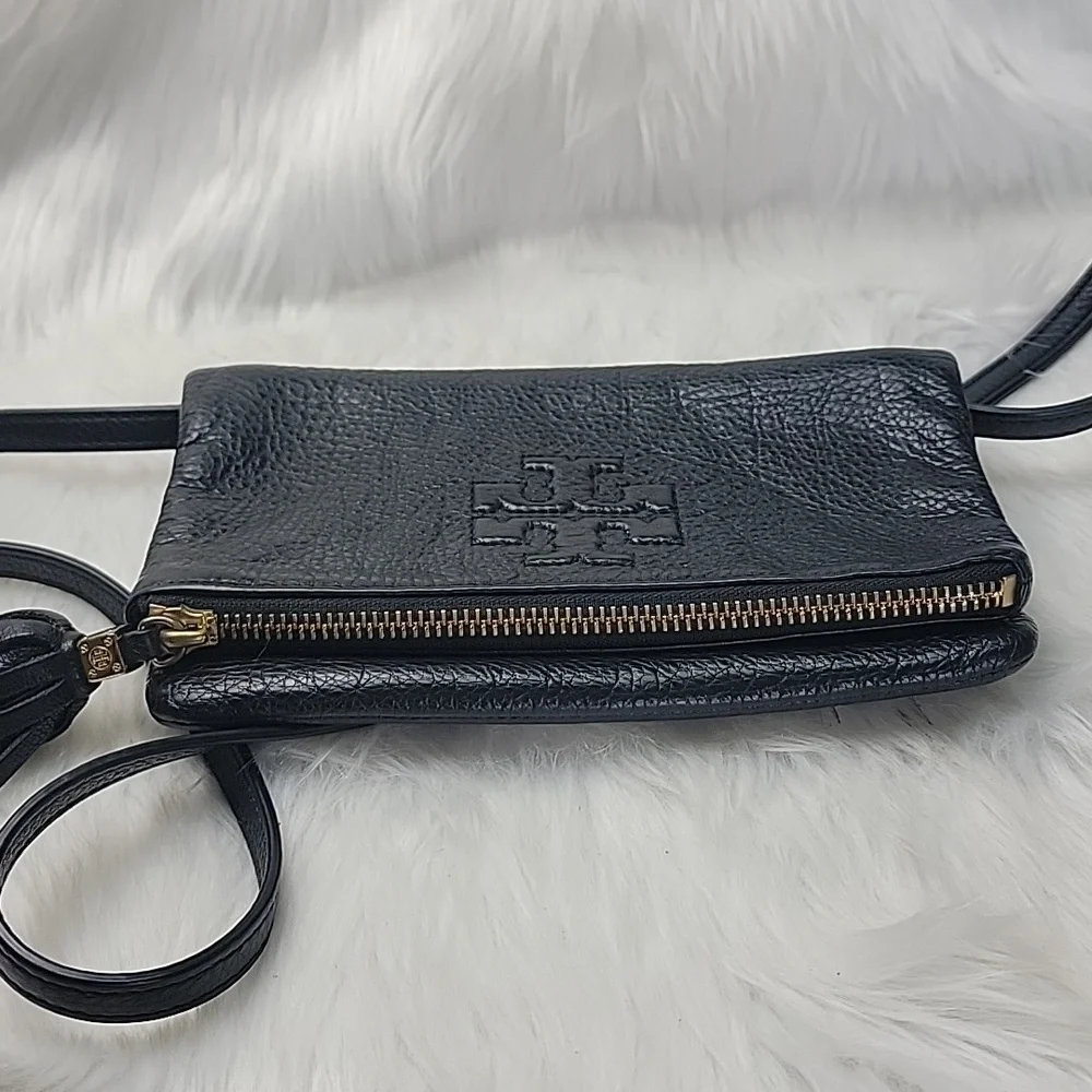 TORY BURCH‎ Thea Black Pebble Grain Fold Over Mini Date Designer Crossbody Bag